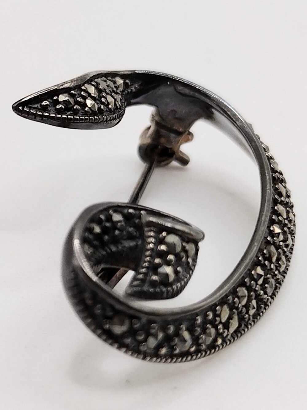 Art Deco Style Sterling Silver Marcasite Swirl Brooch